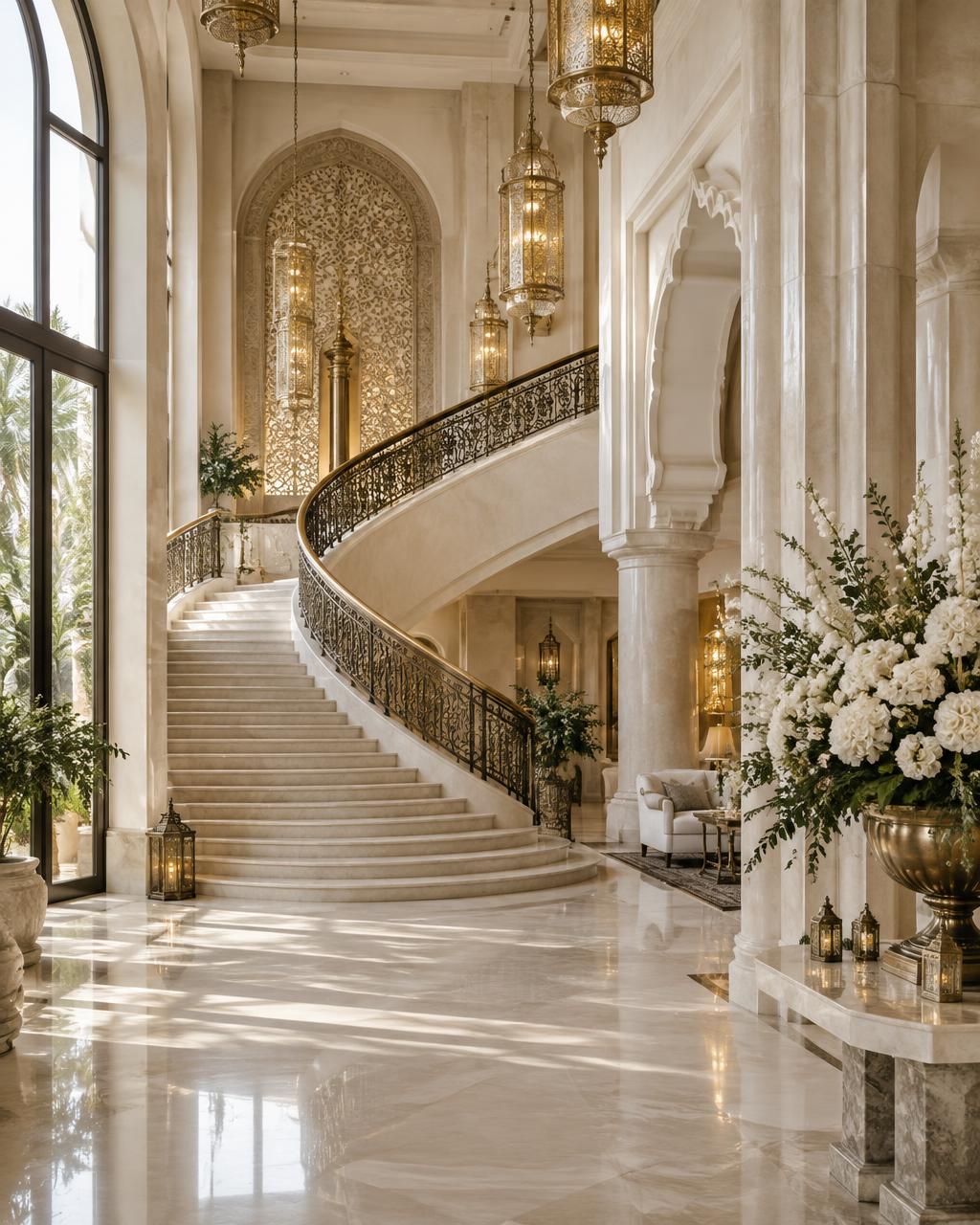 Elegant stone foyer and curved staircase