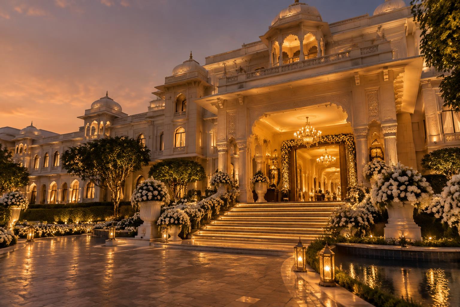 Illuminated venue entrance at evening