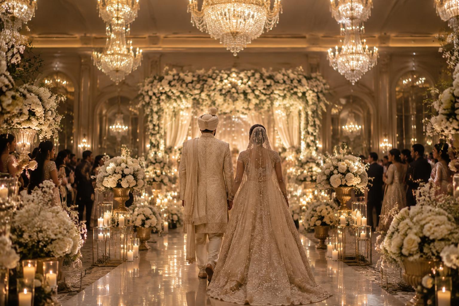 Couple walking toward their wedding stage